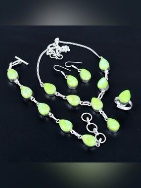 Green Australian Triplet Opal Jewelry Set, Sterling Silver Pear Gemstone Neckls